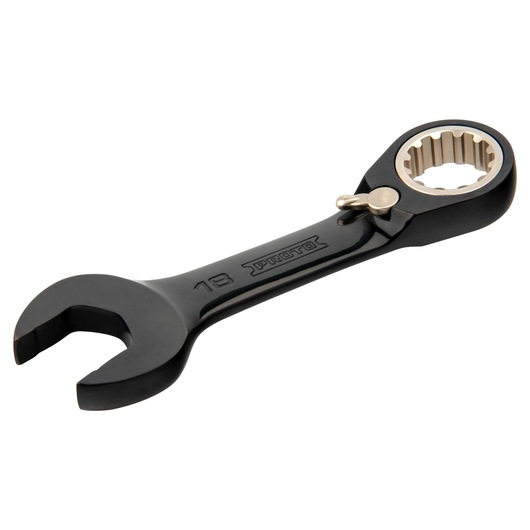 Photo of PROTO JSCVM18S black ratcheting combination wrench angled on white background.