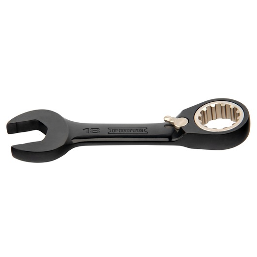 PROTO JSCVM18S ratcheting combination wrench with black finish, flat lay on white background.