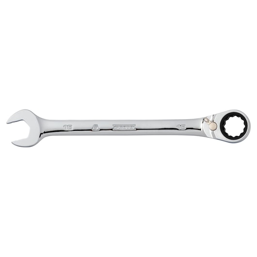 PROTO JSCVM18T chrome combination ratcheting wrench, 18 mm, side angle on white background.