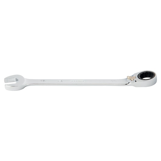 PROTO JSCVM18T chrome combination ratcheting wrench side view, open and box ends visible.