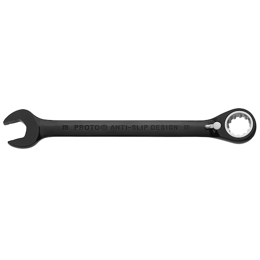 A black PROTO brand combination wrench with an open-end on one side and a ratcheting box-end on the other. The wrench features an anti-slip design and is marked with the number 18.