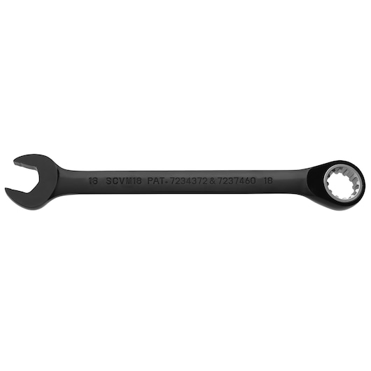 PROTO JSCVM18 black combination wrench with open and box ends, side view on white background.