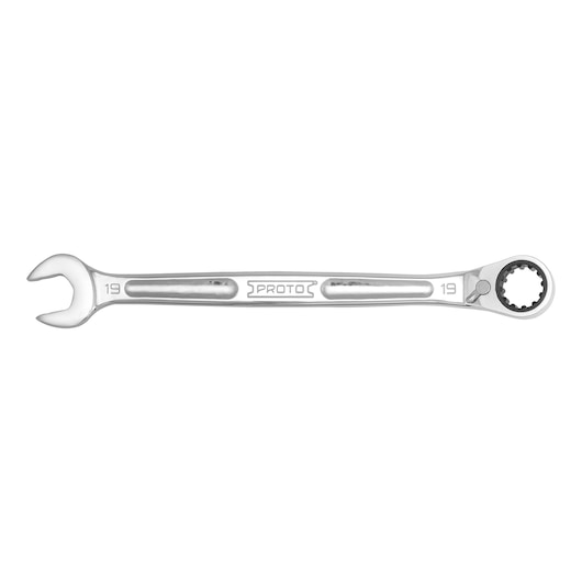 PROTO JSCVM19B ratcheting combination wrench, silver finish, 19mm size, top view on white background.