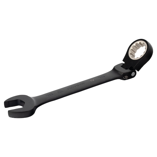 Photo of PROTO JSCVM19F black ratcheting combination wrench on white background, angled to show both ends.