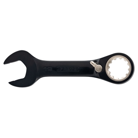 PROTO JSCVM19S black combination ratcheting wrench, front angle, 19mm size, white background.