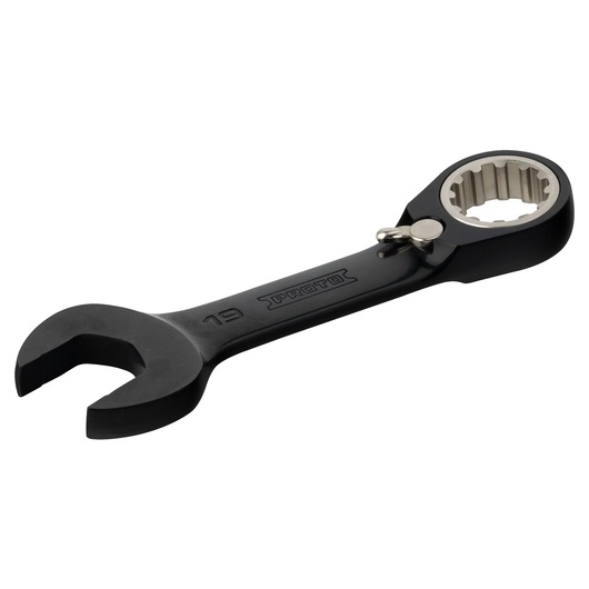 PROTO JSCVM19S black combination wrench with open and ratcheting box ends, product angled on white background.