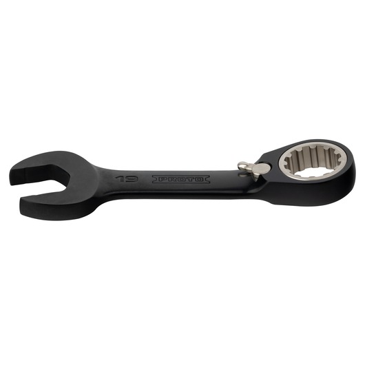 PROTO JSCVM19S black combination ratcheting wrench, 19mm, side view, photography on white background.