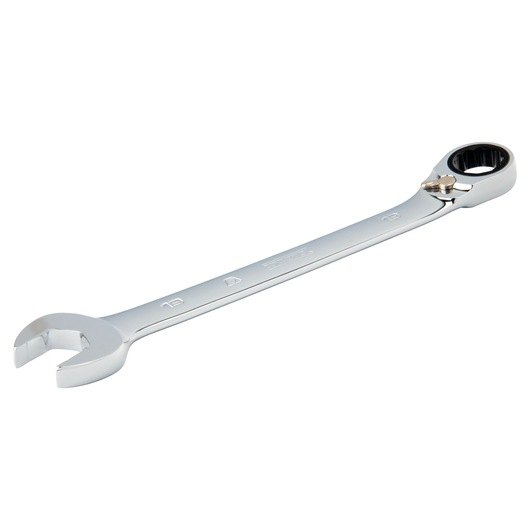 PROTO JSCVM19T chrome ratcheting combination wrench, side angle on white background
