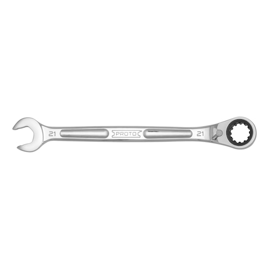 PROTO JSCVM21B combination ratcheting wrench with open end and 21mm box end, top view on white background.