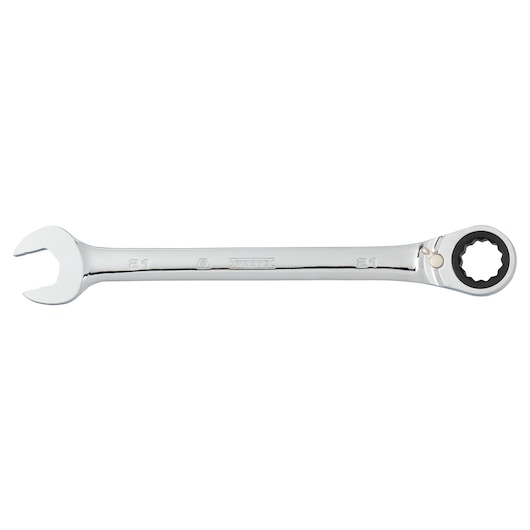 PROTO JSCVM21T chrome ratcheting combination wrench, 21mm, side view, on white background.