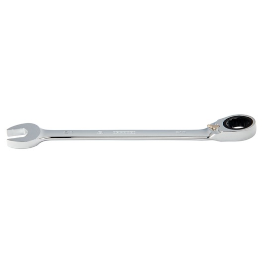 PROTO JSCVM21T chrome combination ratcheting wrench, side angle, white background.