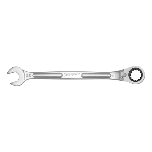 PROTO JSCVM22B ratcheting combination wrench, silver, 22mm size, flat front angle, hand tool on white background.