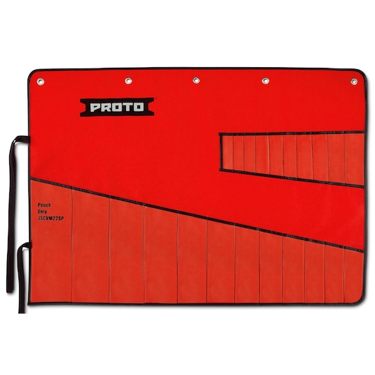 Photo of PROTO red tool pouch with multiple vertical pockets, black trim, and SKU JSCVM22SP, photography angle front.