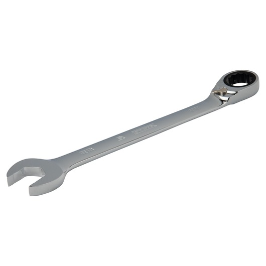 PROTO JSCVM22T ratcheting combination wrench, silver finish, front angle, photography on white background.