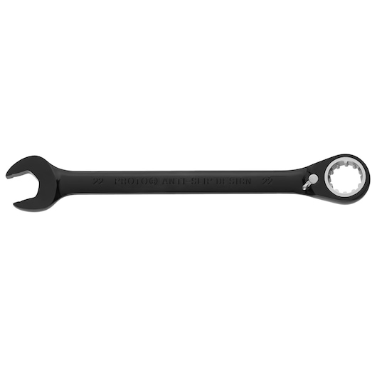 PROTO JSCVM22 black ratcheting combination wrench, open-end and box-end, side view on white background.