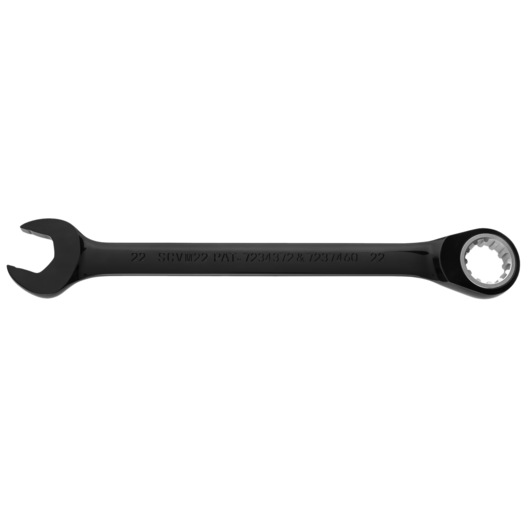 PROTO JSCVM22 black combination ratcheting wrench, open and box end, side view, on white background.