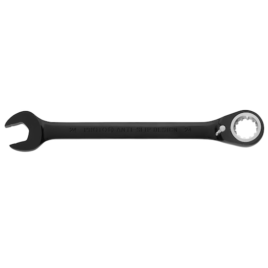 PROTO JSCVM24 black ratcheting combination wrench, 24mm, photographed on white background, side view.