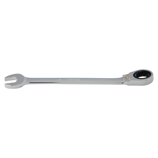 PROTO JSCVM27T chrome ratcheting combination wrench, open end and ring, studio side view.
