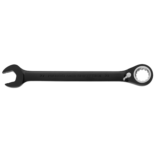 PROTO JSCVM27 black ratcheting combination wrench with open and box end, product photo on white background.