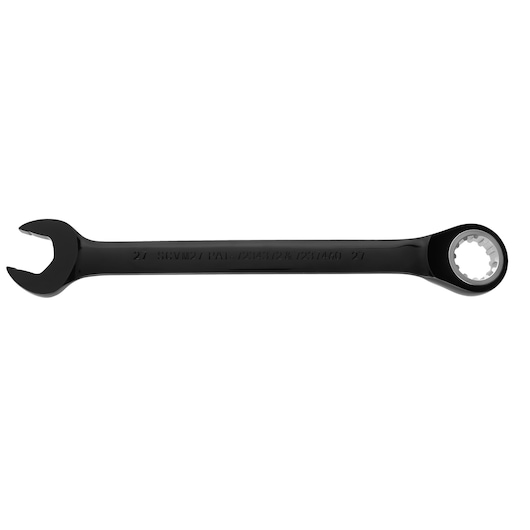 PROTO JSCVM27 black combination ratcheting wrench on white background, showing open-end and box-end.