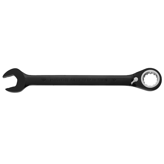 Photo of PROTO JSCVM32 black ratcheting combination wrench with open end and 12-point box end, top view, white background.