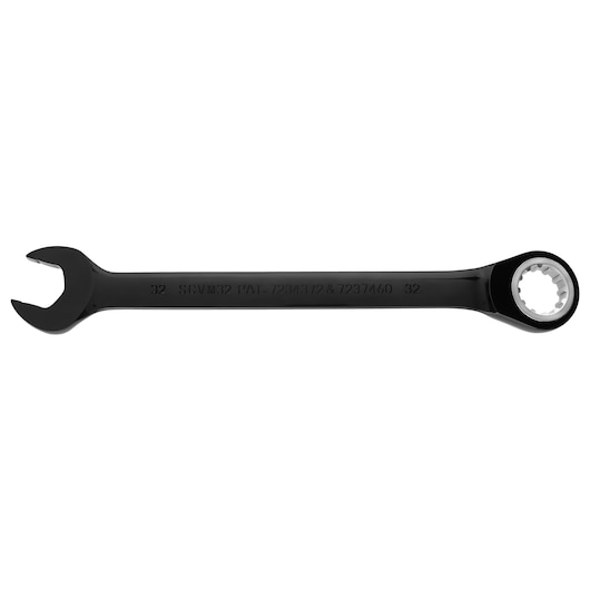 PROTO JSCVM32 black combination ratcheting wrench, photography of front angle on white background.
