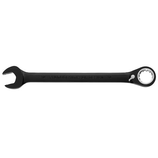 Photo of PROTO JSCVM34 black ratcheting combination wrench, open and ratcheting ends, side angle, white background.