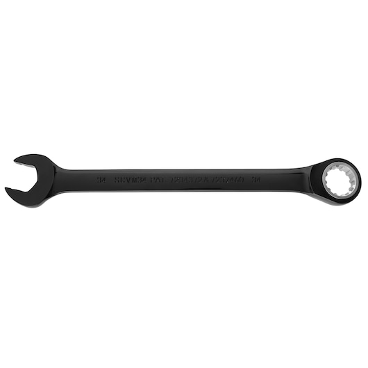 PROTO JSCVM34 black combination wrench with open end and ratcheting box end, top view on white background.