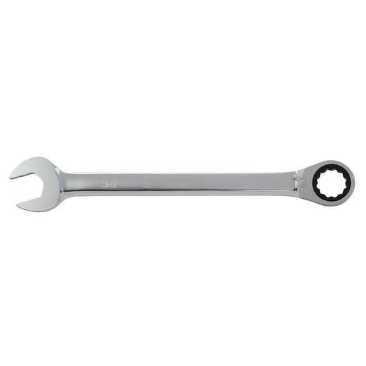 PROTO JSCVM36T combination ratcheting wrench, chrome finish, front angle, tool category.