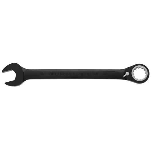 Photo of PROTO JSCVM36 black ratcheting combination wrench, open-end and box-end, on white background.