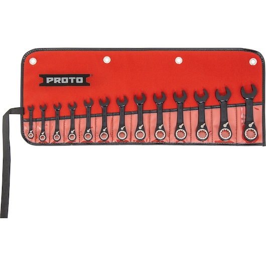 PROTO JSCVMS-13S combination ratcheting wrench set, 13 pieces in red roll-up pouch, front angle.