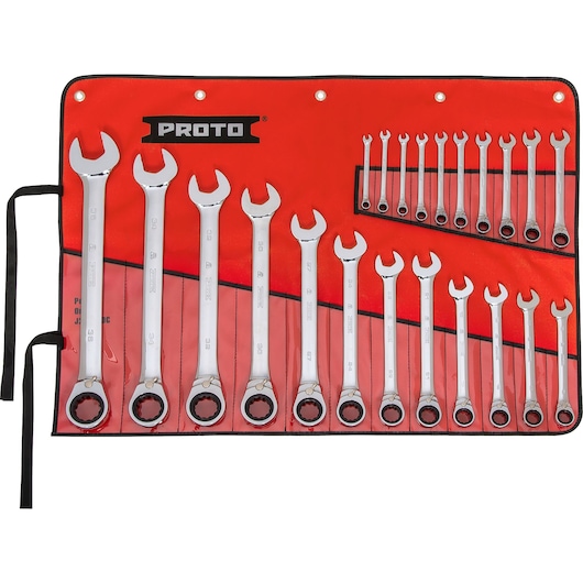 PROTO JSCVMT-22S wrench set with 22 ratcheting wrenches in red roll-up pouch, front angle.