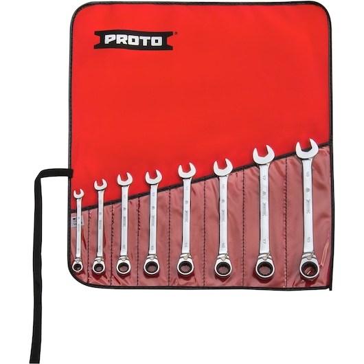 PROTO JSCVMT-8S wrench set with 8 combination ratcheting wrenches in a red roll-up pouch, front angle.