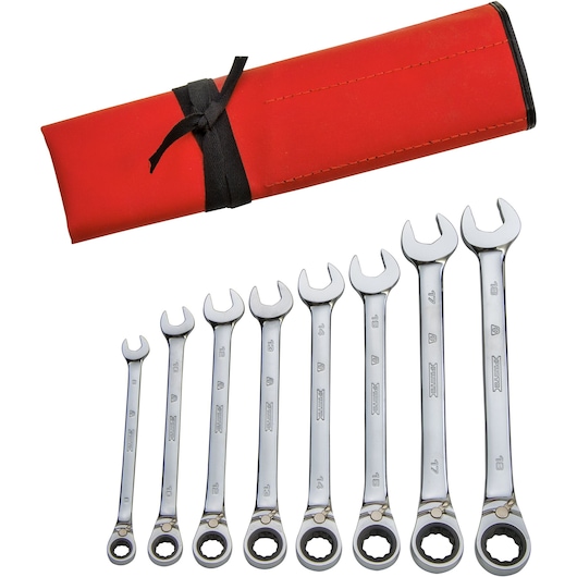 PROTO JSCVMT-8S combination ratcheting wrench set with red pouch, photo on white background.