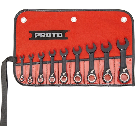 Proto® 9 Piece Black Chrome Combination Stubby Reversible Ratcheting Wrench Set - Spline