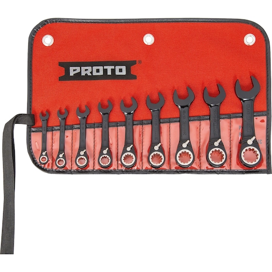 Photo of PROTO JSCVS-9S ratcheting wrench set with nine pieces in red fabric pouch, top-down angle.