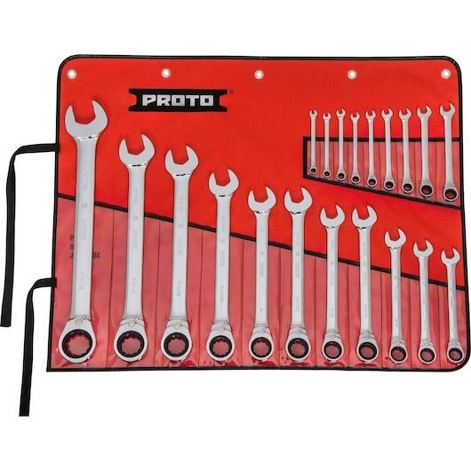 PROTO JSCVT-20S ratcheting combination wrench set displayed in red roll-up pouch, top down view.