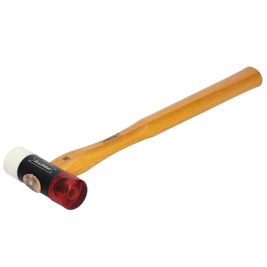 PROTO JSF105HMA wood handle hammer with red and white dual heads, side angle, photography.