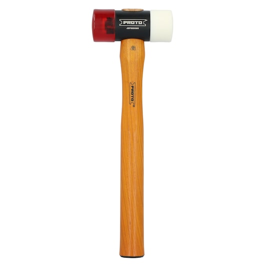 PROTO JSF160HMA mallet with wooden handle, red and white heads, front angle on white background.