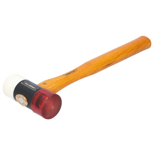 PROTO JSF160HMA mallet with wooden handle, red and white striking tips, side angle on white background.