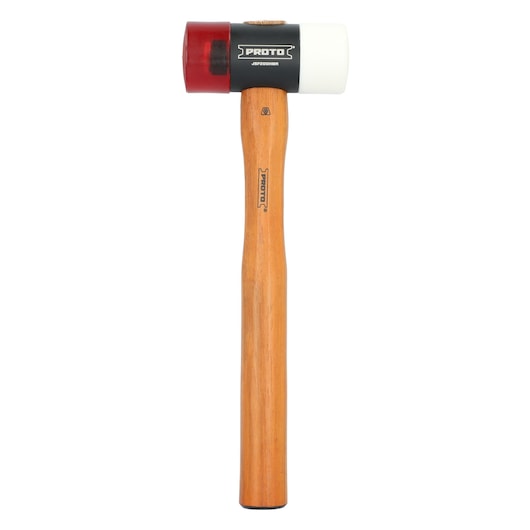 Proto JSF200HMA photography of dual-color mallet with red and white heads and wood handle, front angle.