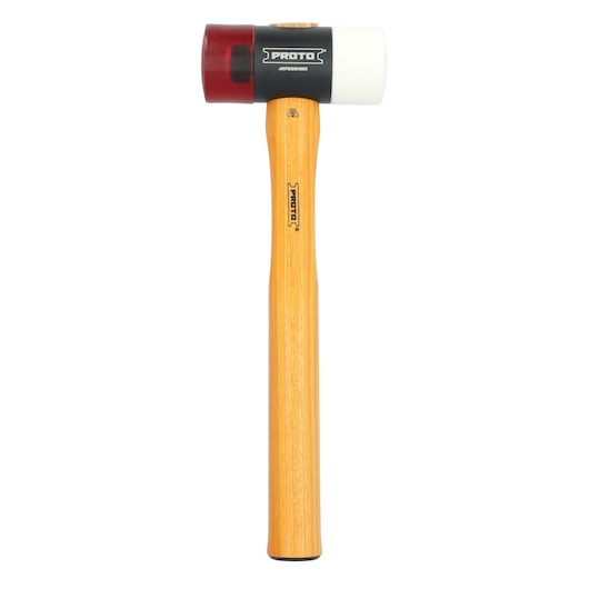 PROTO JSF205HMA mallet with wooden handle, red and white heads, product front angle, photography.