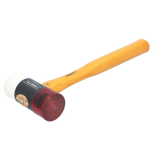 PROTO JSF205HMA mallet with wooden handle, red and white dual head, product photography, angled view