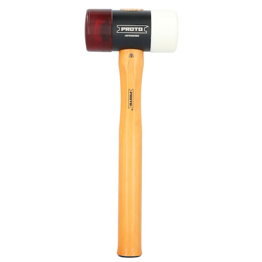 Photo of PROTO JSF250HMA mallet with wooden handle, black head, red and white striking faces, front view.