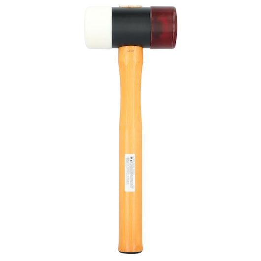PROTO JSF250HMA mallet with wooden handle, black head, white and red striking faces, front angle.