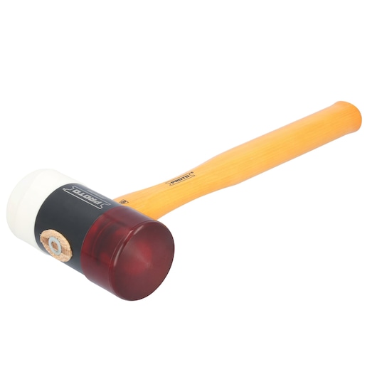 PROTO JSF250HMA photography of mallet with wooden handle, white and red dual head, side angle on white background.