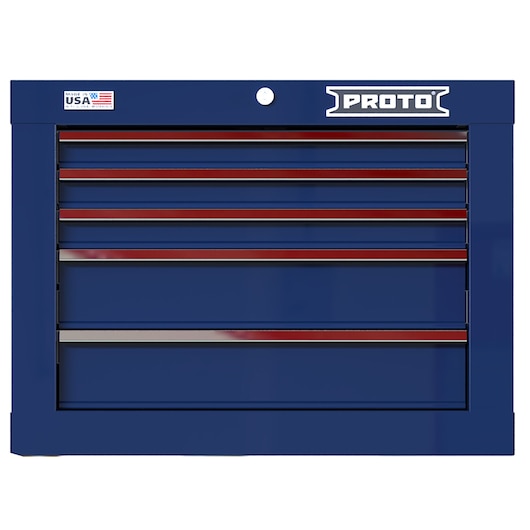 PROTO JSTV2720CS05BL blue tool chest with seven drawers, front angle, metal construction, red accents.