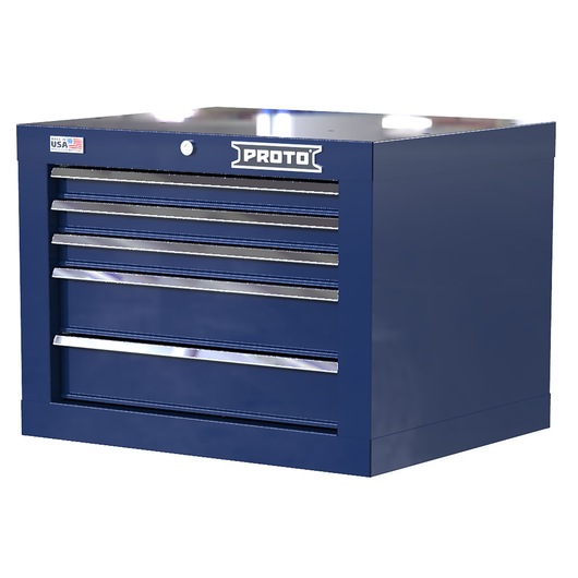 PROTO JSTV2720CS05BL blue metal tool chest with five drawers, front angle on white background.