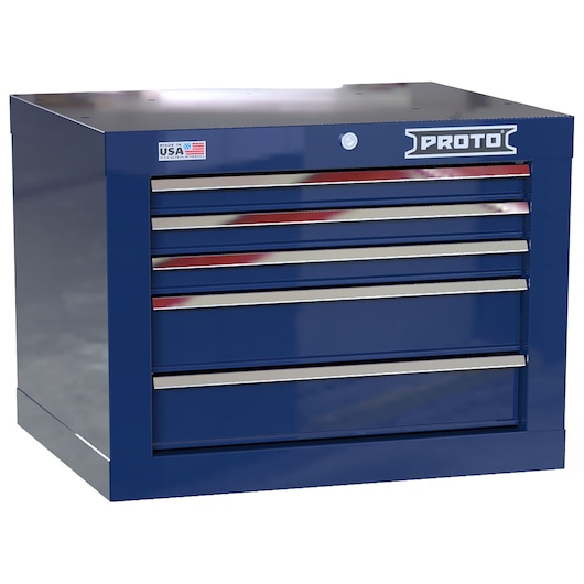 Photo of a blue PROTO tool chest with five drawers, SKU JSTV2720CS05BL, front angle on white background.