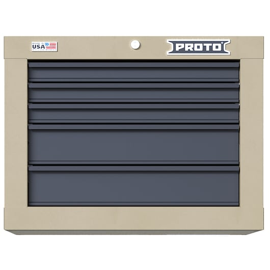 PROTO JSTV2720CS05DT beige and dark gray tool chest with five drawers, front angle, white background.